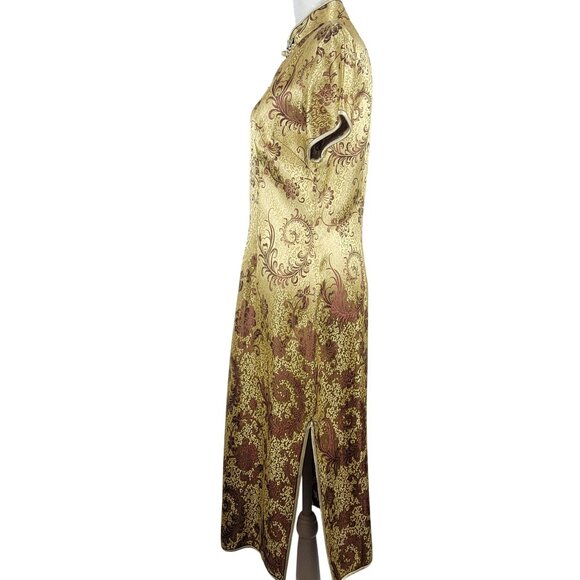 Modern Cheongsam Traditional Gold Brown Embroidery Floral Swirl Dress Korean 38 - Picture 4 of 16